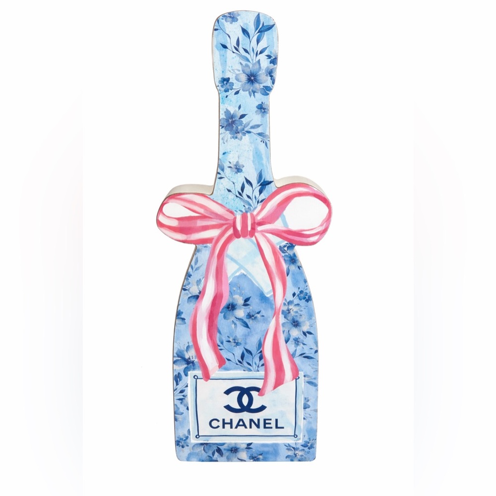 Chanel Floral Champagne Bottle Wall Home Decor Blue Pink Bow luxury Art NWT - Picture 7 of 7